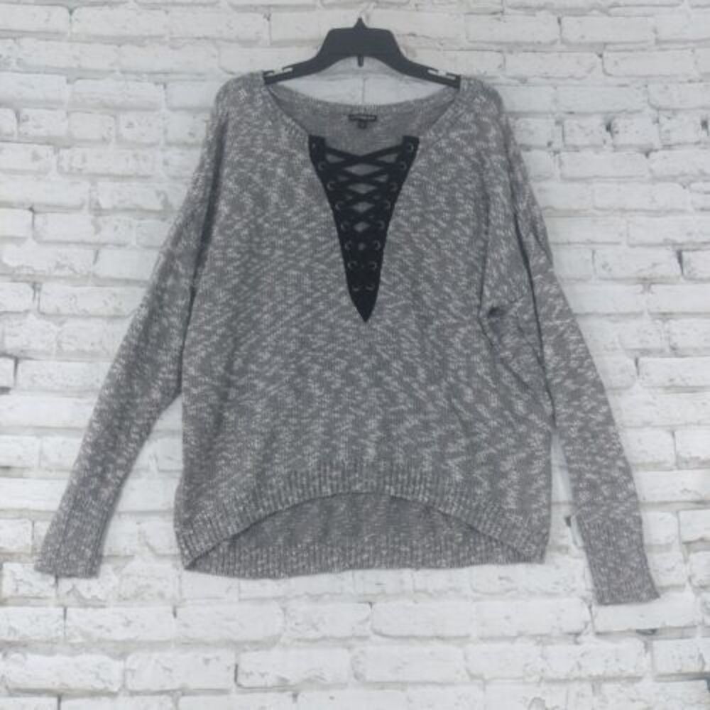Express Womens Sweater Large Gray White Marled Knit Lace Up V Neck Long Sleeve